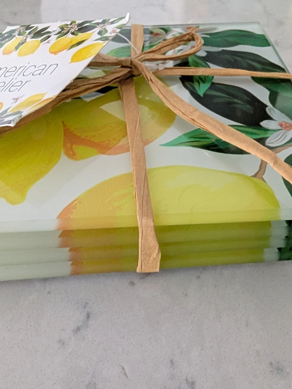 American Atelier Lemon Trivet with Green Leaf Motif-Set Of 4